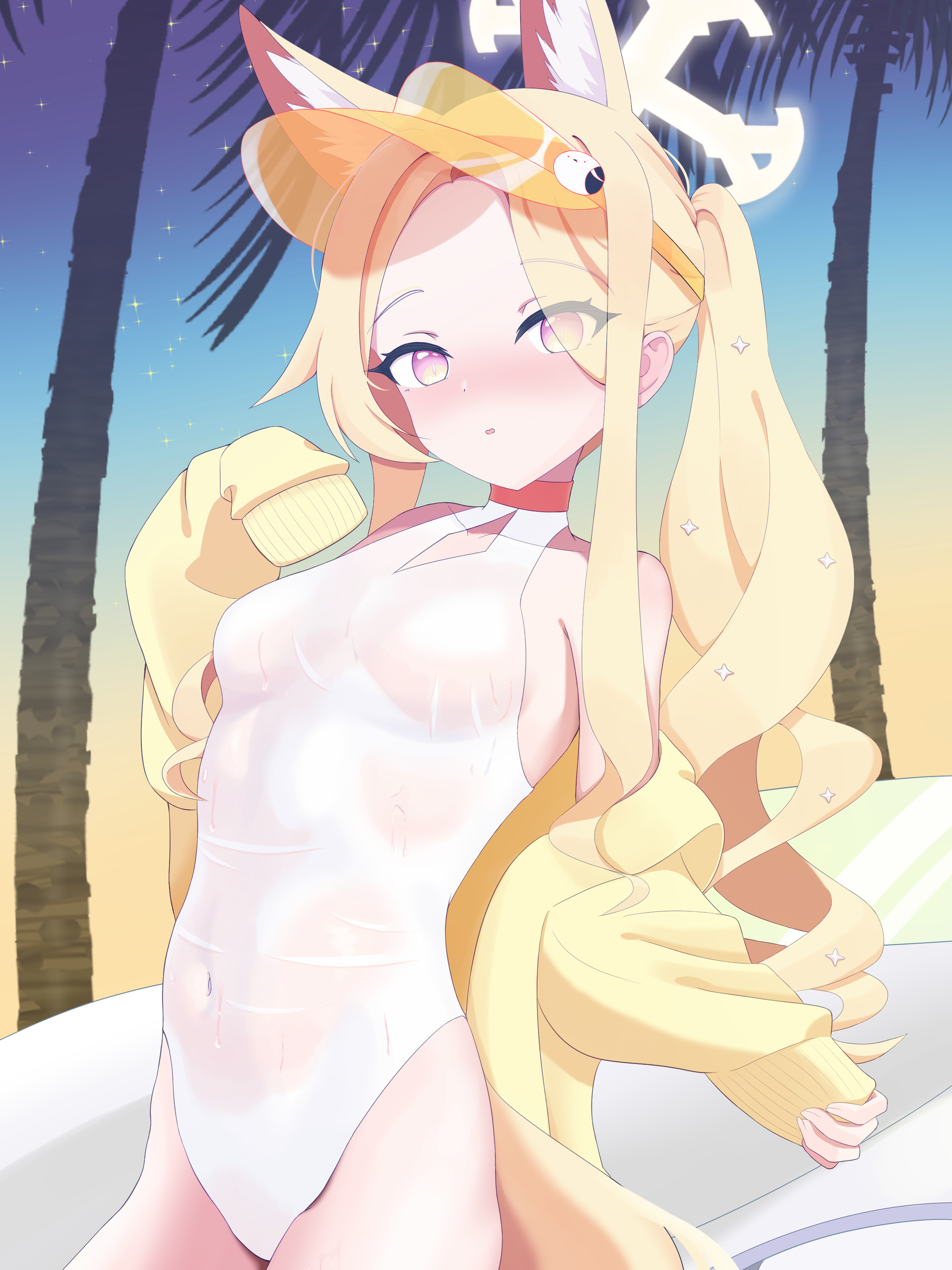 seia (blue archive), seia (swimsuit) (blue archive), blue archive, absurdres, highres, 1girl, animal ear fluff, animal ears, blonde hair, breasts, clothing cutout, covered navel, cowboy shot, cross halo, diamond cutout, fox ears, fox girl, fox tail, gradient sky, halo, highleg, highleg one-piece swimsuit, jacket, kasumi (maworks 168), long hair, looking at viewer, official alternate costume, official alternate hairstyle, one-piece swimsuit, orange-tinted eyewear, orange eyes, palm tree, side ponytail, sky, small breasts, solo, sunglasses, swimsuit, tail, tinted eyewear, tree, visor cap, wet, wet clothes, wet swimsuit, white one-piece swimsuit, yellow halo, yellow jacket, yellow visor