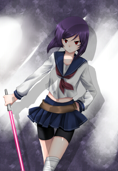 mari mozuku, marimo danshaku, tieria erde, gundam, gundam 00, bad id, bad pixiv id, 00s, 1girl, bandages, belt, bike shorts, bike shorts under skirt, blush, breasts, energy sword, female focus, genderswap, genderswap (mtf), lightsaber, midriff, pink lightsaber, purple hair, red eyes, school uniform, serafuku, short hair, shorts, shorts under skirt, skirt, small breasts, solo, sword, weapon