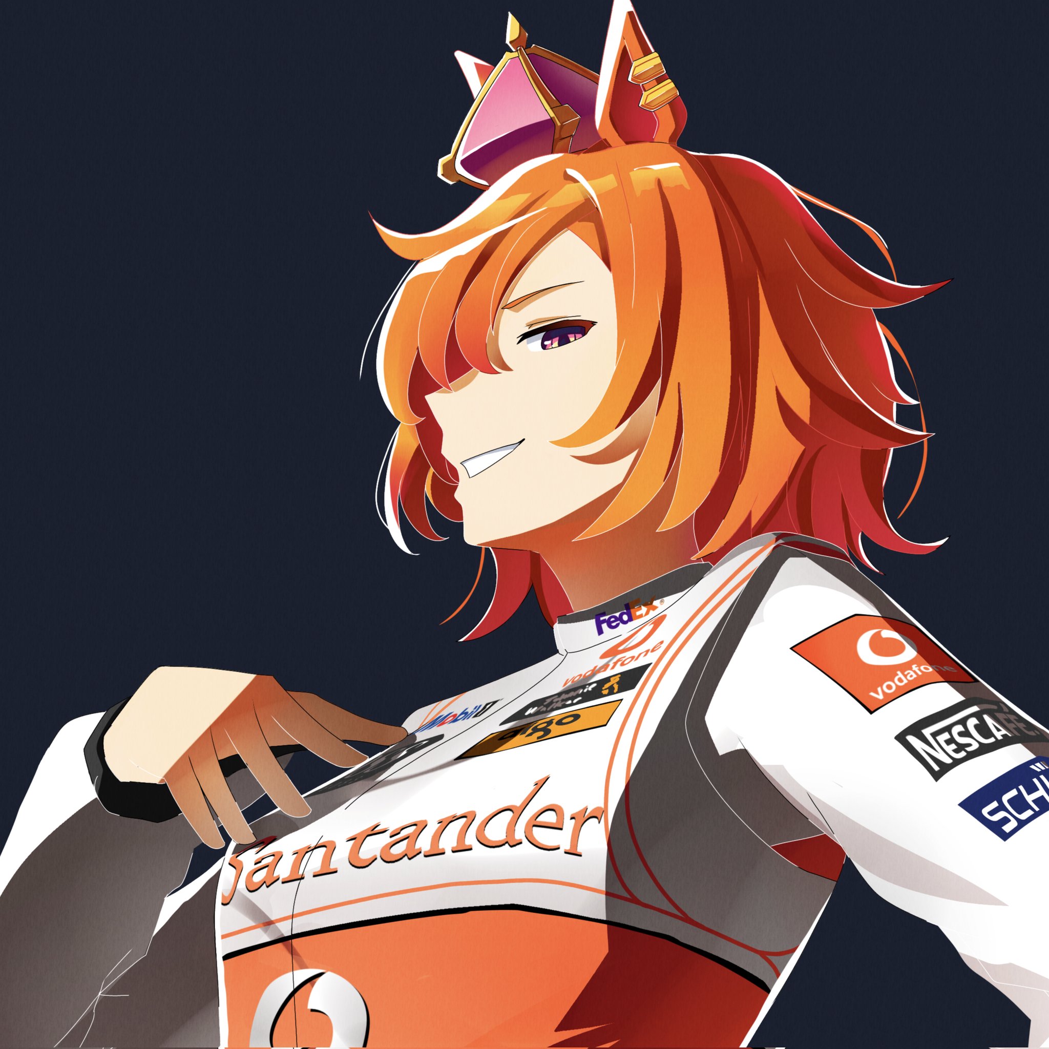 toyeeta prius, t.m. opera o (umamusume), fedex, formula one, umamusume, highres, 1girl, animal ears, breasts, company name, crown, ear ornament, ear piercing, grin, hair between eyes, horse ears, horse girl, logo, long sleeves, looking at viewer, mini crown, open mouth, orange hair, piercing, pink crown, purple eyes, racing suit, short hair, simple background, smile, solo, upper body, white racing suit