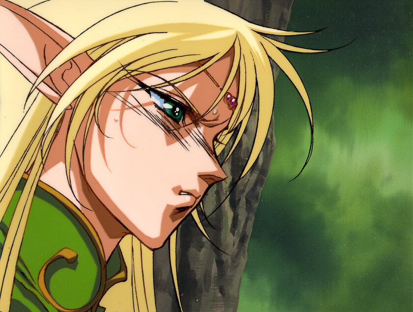 yuuki nobuteru, deedlit, record of lodoss war, anime screenshot, 1990s (style), 1girl, angry, blonde hair, circlet, elf, female focus, green eyes, long hair, pointy ears, retro artstyle, solo, sweat