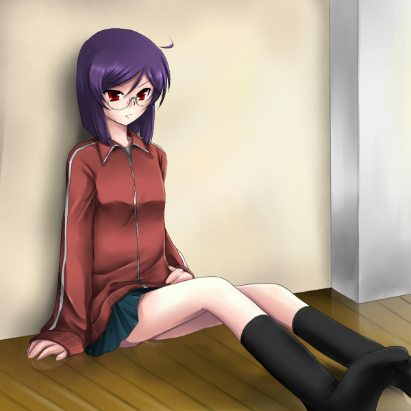mari mozuku, marimo danshaku, tieria erde, gundam, gundam 00, bad id, bad pixiv id, 00s, 1girl, bad anatomy, bad feet, blush, breasts, feet, female focus, genderswap, genderswap (mtf), glasses, gym uniform, poorly drawn, purple hair, red eyes, short hair, sitting, skirt, small breasts, socks, solo, thighhighs, trap