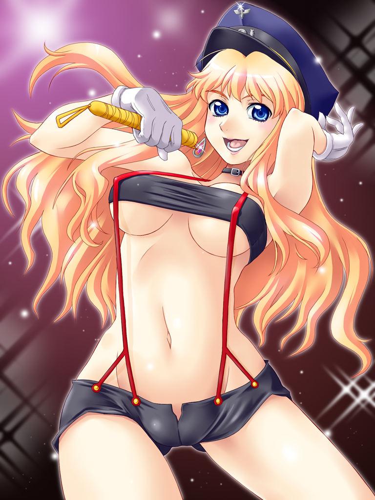 yaso shigeru, sheryl nome, macross, macross frontier, 00s, 1girl, armpits, bare arms, bare legs, bare shoulders, black collar, black shorts, black tube top, blonde hair, blue eyes, blue hat, blush, breasts, cameltoe, collar, earrings, female focus, gloves, hachi juu juu, hat, holding, holding microphone, jewelry, large breasts, lips, long hair, looking at viewer, lower teeth only, microphone, midriff, music, navel, open mouth, peaked cap, pink lips, purple background, revealing clothes, round teeth, short shorts, shorts, singing, smile, solo, sparkle, standing, strapless, teeth, thick thighs, thighs, tube top, underboob, white gloves