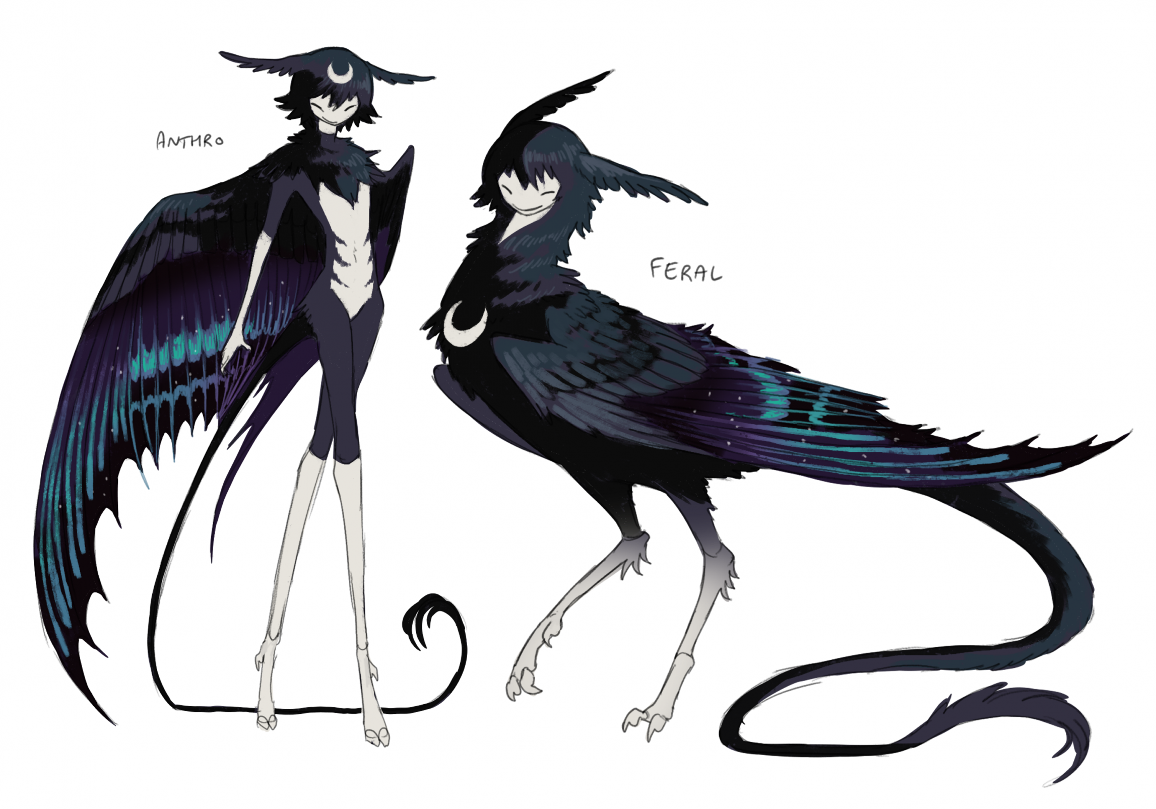 jejejunum, original, highres, 1girl, bird, black feathers, black hair, black wings, blue wings, closed eyes, closed mouth, creature, crescent, feathers, harpy, monster girl, multicolored wings, neck fur, purple wings, short hair, simple background, smile, standing, whisper (jejejunum), white background, wings