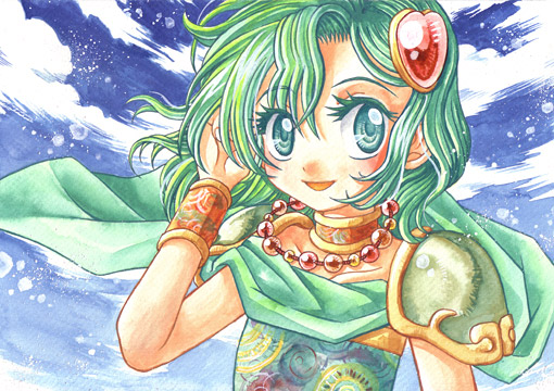 sayaka mako, rydia (ff4), rydia (young) (ff4), final fantasy, final fantasy iv, bad id, bad pixiv id, 1990s (style), 1girl, aged down, blush, cape, child, cuffs, female focus, flat chest, green eyes, green hair, hair ornament, heart, heart hair ornament, jewelry, long hair, matching hair/eyes, necklace, retro artstyle, smile, solo