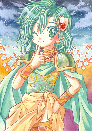 sayaka mako, rydia (ff4), rydia (young) (ff4), final fantasy, final fantasy iv, bad id, bad pixiv id, 1990s (style), 1girl, aged down, blush, cape, cuffs, female focus, flat chest, green eyes, green hair, hair ornament, heart, heart hair ornament, long hair, matching hair/eyes, moe (phrase), one eye closed, retro artstyle, skirt, solo, thighhighs, wink