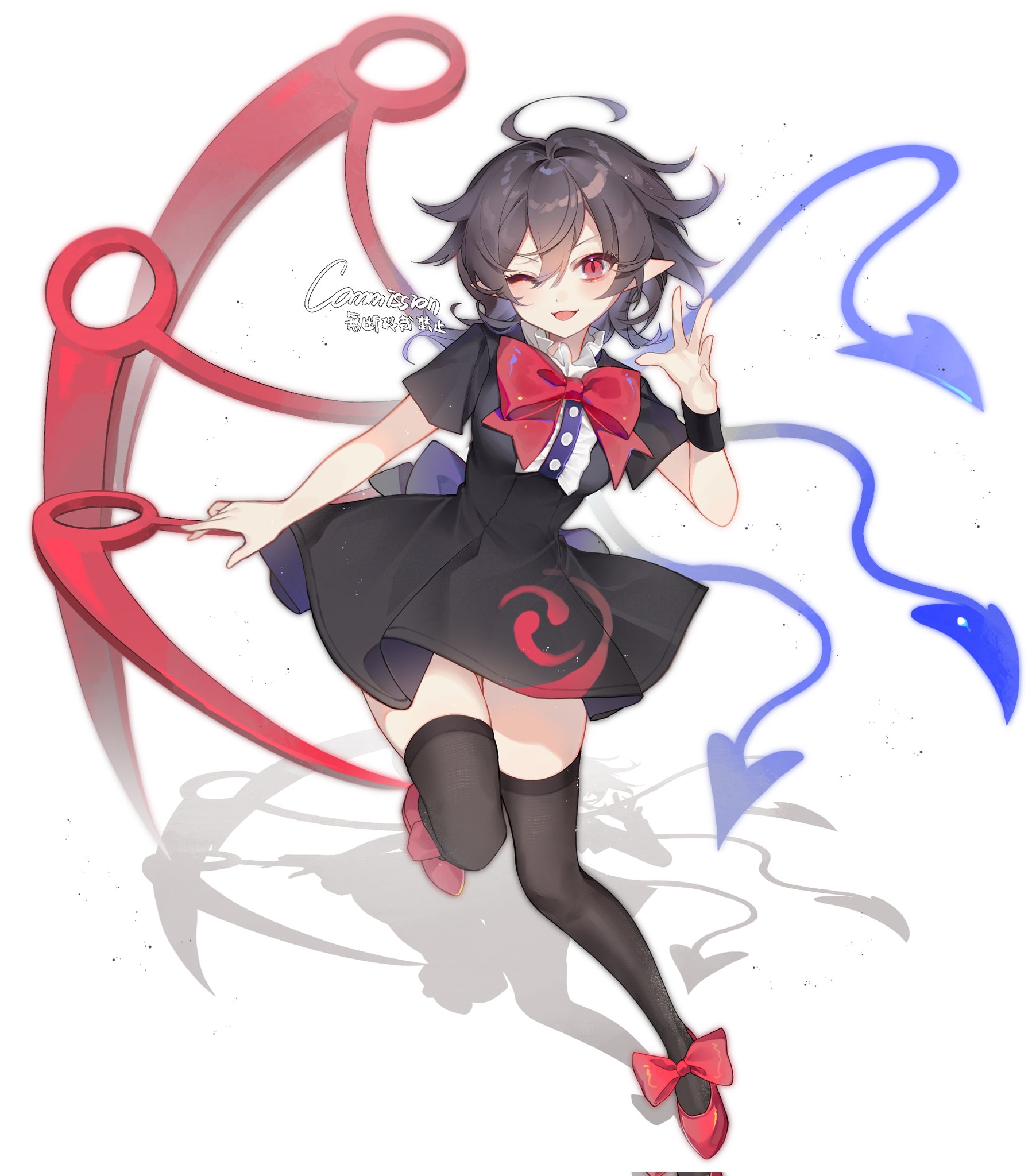 yinco, houjuu nue, touhou, commission, highres, 1girl, ahoge, asymmetrical wings, black dress, black hair, black thighhighs, dress, full body, hair over one eye, pointy ears, red eyes, red shoes, shoes, short hair, smile, solo, thighhighs, white background, wings