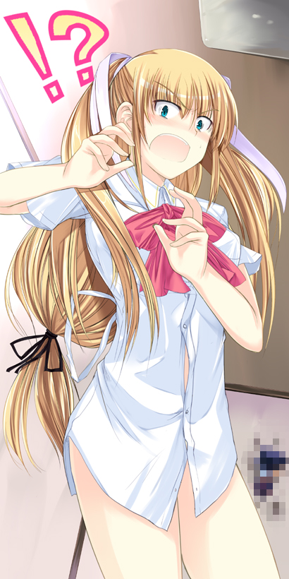gekon tta, hirama hirokazu, na mizuumi, tokido saya, little busters!, 1girl, blonde hair, blue eyes, blush, bow, breasts, censored, female focus, hair ornament, hair ribbon, long hair, low-tied long hair, no pants, open mouth, pink bow, ponytail, ribbon, school uniform, small breasts, solo, surprised, twintails