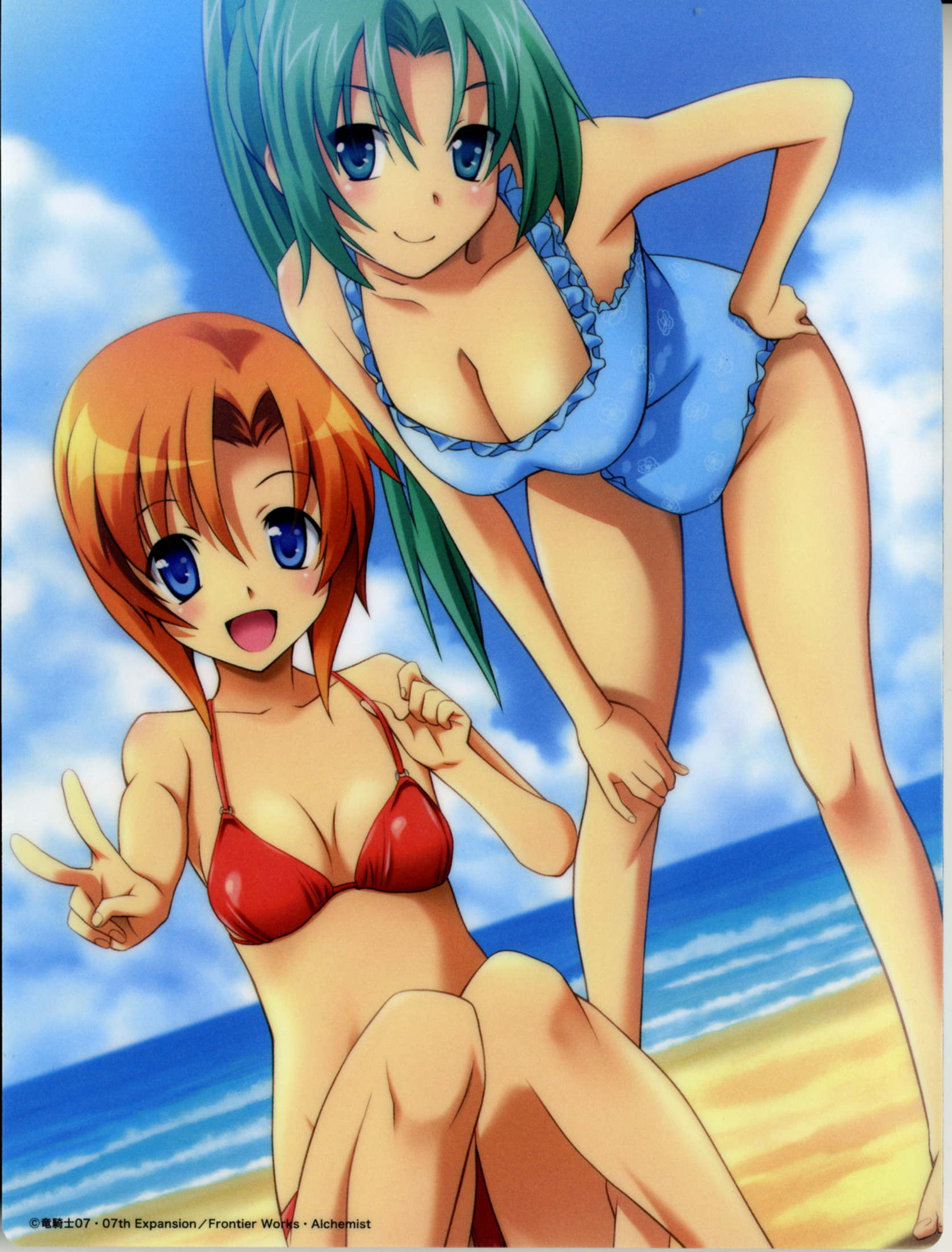 rato, ryuuguu rena, sonozaki mion, higurashi no naku koro ni, frilled swimsuit, highres, official art, scan, 00s, 2girls, :d, asymmetrical bangs, barefoot, beach, bent over, bikini, blue eyes, blue one-piece swimsuit, blue sky, blush, breasts, card (medium), casual one-piece swimsuit, cleavage, cloud, cloudy sky, day, dutch angle, female focus, frills, green hair, hand on own hip, hand on own knee, high ponytail, knees together feet apart, large breasts, light smile, long hair, looking at viewer, multiple girls, o-ring, o-ring bikini, o-ring top, ocean, on ground, one-piece swimsuit, open mouth, orange hair, outdoors, outstretched arm, parted bangs, ponytail, print swimsuit, red bikini, rounded corners, short hair, sitting, sky, small breasts, smile, strap pull, swimsuit, v, very long hair, water, watermark