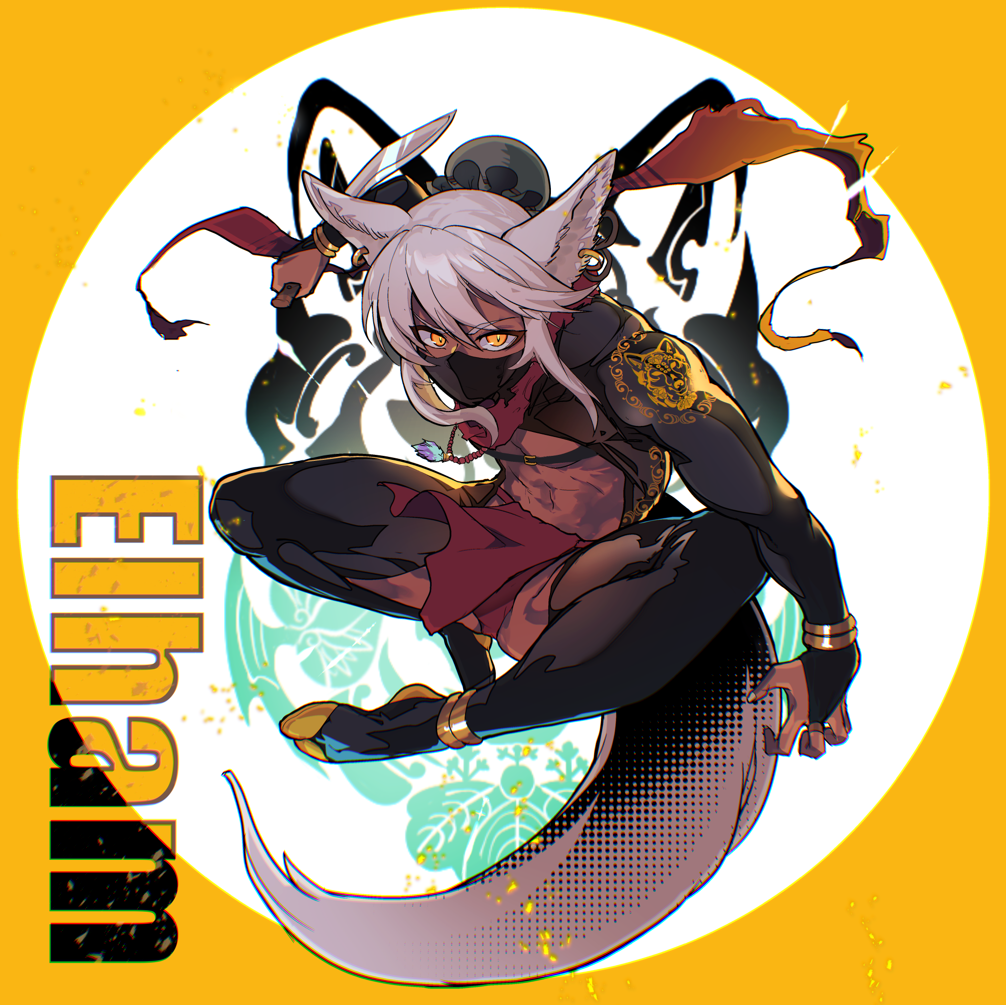 ryuu tou, original, highres, 1boy, animal ears, bracelet, bridal gauntlets, dark-skinned male, dark skin, earrings, english text, fundoshi, japanese clothes, jewelry, looking at viewer, mask, mouth mask, pelvic curtain, reverse grip, scarf, shrug (clothing), tail, two-tone background, white background, white hair, wolf ears, wolf tail, yellow background, yellow eyes