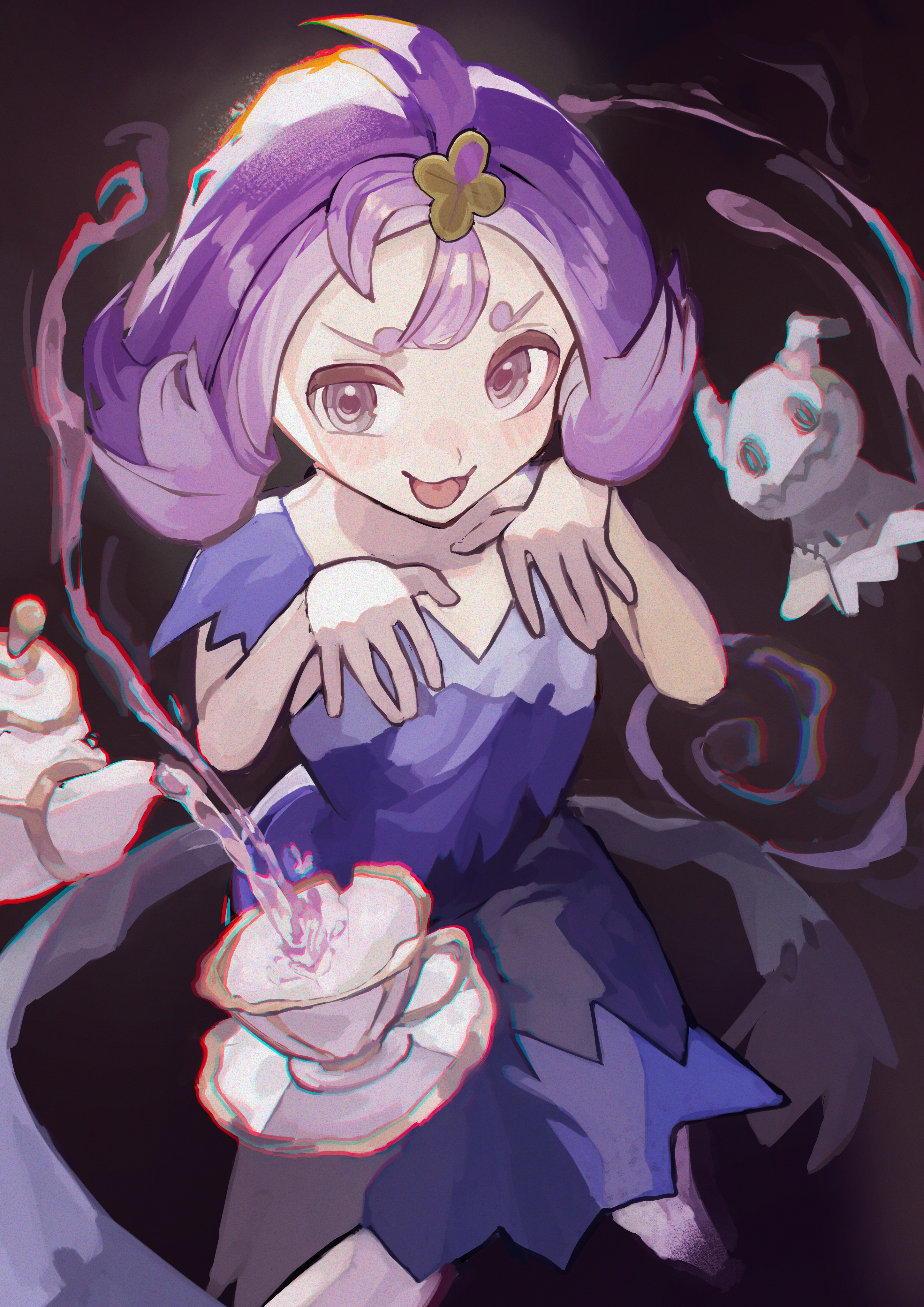 rasoso (wyzx4524), acerola (pokemon), mimikyu, nintendo, pokemon, pokemon sm, absurdres, highres, 1girl, blush, closed mouth, cup, dress, floating, floating object, gen 7 pokemon, hair ornament, looking at viewer, multicolored dress, open mouth, pokemon (creature), purple eyes, purple hair, saucer, short hair, short sleeves, smile, stitches, tea, teacup, teapot, topknot, torn clothes, torn dress