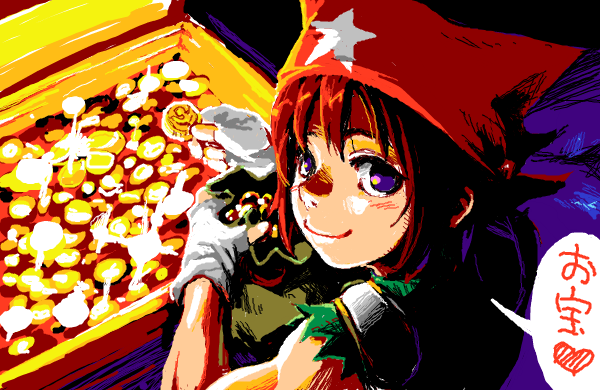 sanada-x, golden lore, 1girl, animal hat, blue eyes, brown eyes, female focus, fingerless gloves, gloves, hat, money, oekaki, smile, solo