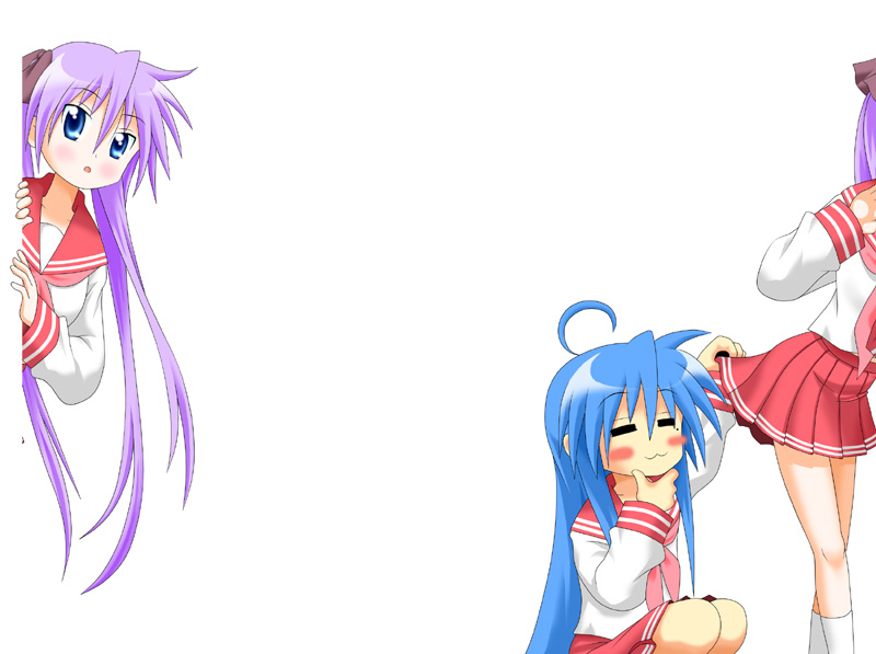 hiro yoshinaka, hiiragi kagami, izumi konata, lucky star, 00s, 2girls, :3, = =, ahoge, blue eyes, blue hair, blush, blush stickers, clothes lift, hair ribbon, kneehighs, long hair, midriff, mole, mole under eye, multiple girls, peeking out, pleated skirt, purple hair, ribbon, school uniform, serafuku, simple background, skirt, skirt lift, socks, twintails, very long hair, white socks