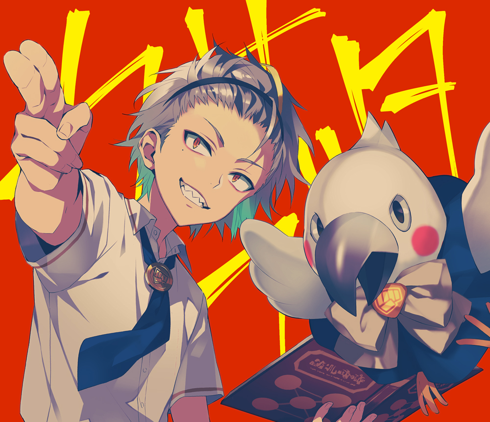 akke (akke299), utai meika, indie virtual youtuber, 1boy, animal, aqua hair, bird, black hairband, black necktie, book, bow, bowtie, clothed animal, collared shirt, forehead, gradient hair, grey hair, grin, hairband, holding, holding book, looking at viewer, male focus, mole, mole under eye, multicolored hair, necktie, open book, orange eyes, outstretched arm, outstretched hand, pointing, red background, red eyes, school uniform, sharp teeth, shirt, short hair, short sleeves, simple background, smile, solo, teeth, upper body, white bow, white bowtie, white shirt
