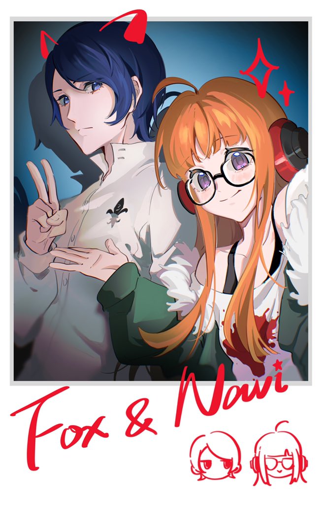 qianyewuli, kitagawa yuusuke, sakura futaba, persona, persona 5, commentary, commentary request, hashtag-only commentary, symbol-only commentary, 1boy, 1girl, ahoge, black-framed eyewear, black tank top, blue eyes, blue hair, blunt bangs, character name, chibi, chibi inset, closed mouth, drawn ears, dress shirt, four-pointed star, fur-trimmed jacket, fur trim, glasses, green jacket, hand up, headphones, jacket, jacket partially removed, kosei high school uniform, long hair, long sleeves, looking at viewer, off-shoulder shirt, off shoulder, open hand, orange hair, parted bangs, polaroid photo, print shirt, purple eyes, school uniform, shadow, shirt, short hair, sidelocks, smile, tank top, upper body, v, white shirt