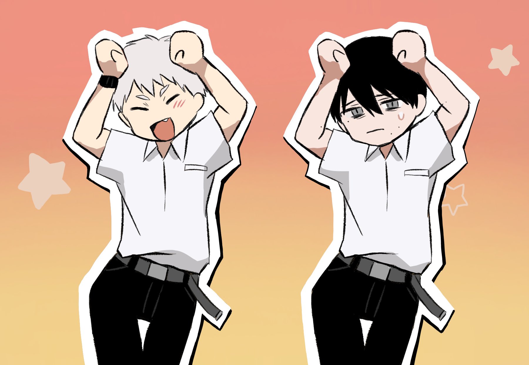 indou hikaru, tsujinaka yoshiki, hikaru ga shinda natsu, commentary request, highres, 2boys, belt, black hair, black pants, blush, caramelldansen, closed eyes, closed mouth, collared shirt, grey belt, looking at viewer, male focus, mole, mole on arm, mole on cheek, mole under eye, mole under mouth, multiple boys, multiple moles, namacotshd, open mouth, outline, pants, shirt, shirt tucked in, short hair, short sleeves, watch, white hair, white outline, white shirt, wristwatch