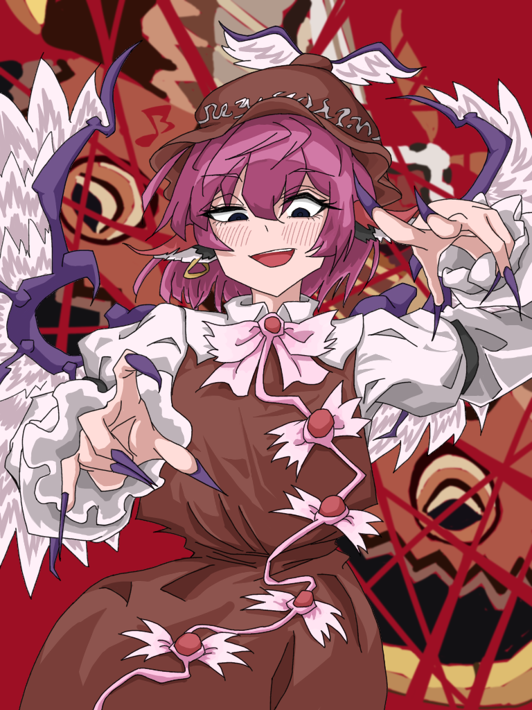 barikin tenshi, mystia lorelei, touhou, variant set, 1girl, animal ear piercing, animal ears, bird ears, bird girl, bird wings, black eyes, blush, brown dress, brown hat, dress, fingernails, hat, juliet sleeves, long fingernails, long sleeves, looking at viewer, mob cap, musical note, open mouth, pink hair, puffy sleeves, purple nails, red background, short hair, simple background, solo, white wings, winged hat, wings
