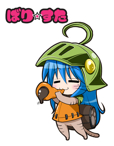 misooden, izumi konata, capcom, lucky star, monster hunter (series), bad id, bad pixiv id, 1girl, :3, ahoge, chibi, chocolate cornet, female focus, food, helmet, mole, mole under eye, parody, solo