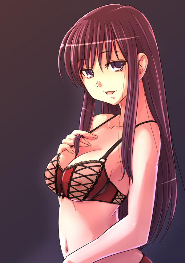 e20, malariya, quiz magic academy, 1girl, bra, breasts, female focus, lace, lingerie, long hair, navel, nipples, panties, purple eyes, purple hair, see-through clothes, smile, solo, underwear, underwear only