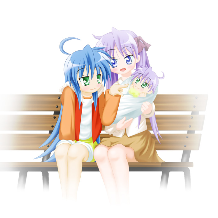 hiro yoshinaka, hiiragi kagami, izumi konata, lucky star, 00s, 2girls, :3, ahoge, baby, baby carry, bench, carrying, if they mated, mole, mole under eye, mother and daughter, multiple girls, simple background, sitting, yuri
