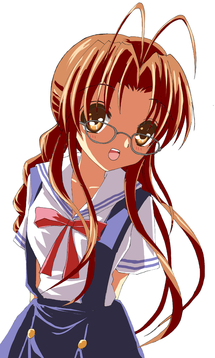 kuroi hitsuji, furukawa sanae, clannad, bad id, bad pixiv id, highres, 00s, antenna hair, braid, brown eyes, brown hair, glasses, long hair, school uniform, solo
