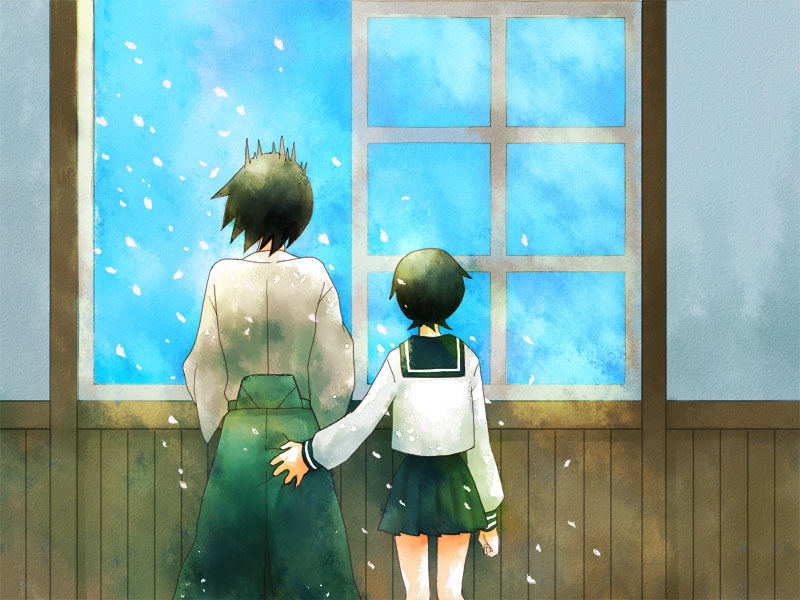 fuura kafuka, itoshiki nozomu, sayonara zetsubou sensei, ass grab, non-web source, 00s, 1boy, 1girl, ass, black hair, cherry blossoms, hetero, school uniform, short hair, surprised, window