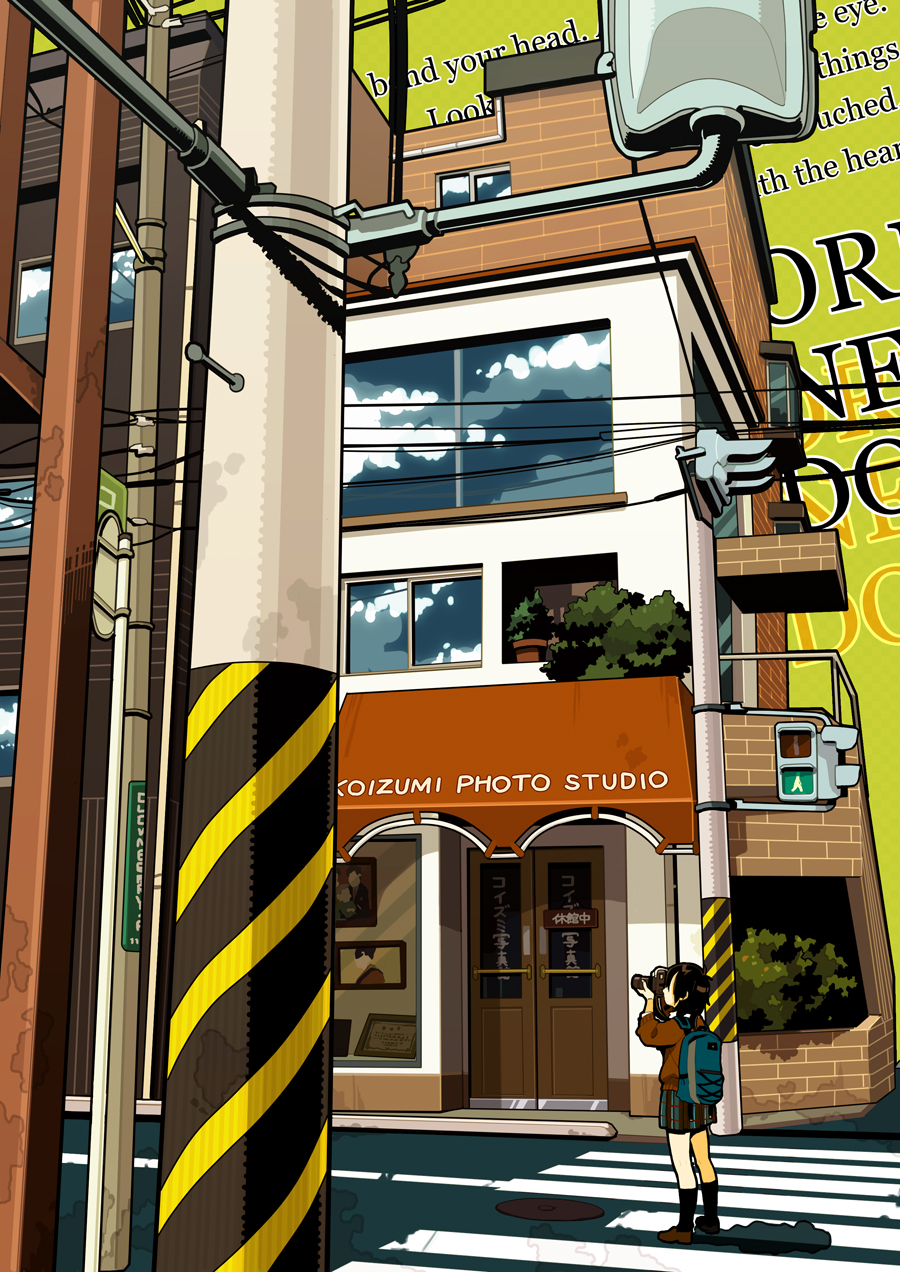haruo (clownberry), original, bad id, bad pixiv id, highres, 1girl, backpack, bag, black socks, building, camera, city, crosswalk, kneehighs, outdoors, picture frame, plant, pleated skirt, road, road sign, scenery, sign, skirt, socks, sweater, utility pole, window