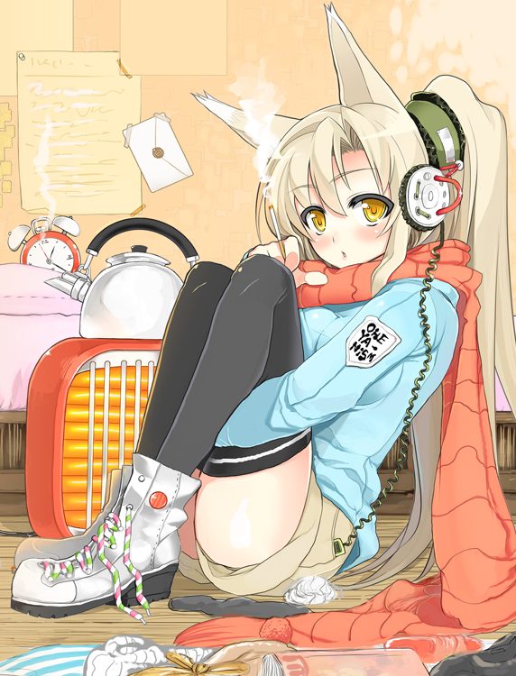 char, original, messy, 1girl, animal ears, blush, boots, cigarette, female focus, headphones, hugging own legs, kettle, laces, long hair, orange scarf, ponytail, scarf, shoes, shorts, sitting, smoking, sneakers, solo, thighhighs, yellow eyes