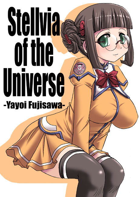 tonpuu, fujisawa yayoi, fujisawa yayoi (uchuu no stellvia), uchuu no stellvia, 00s, 1girl, breasts, donut hair bun, female focus, glasses, hair bun, large breasts, orange shirt, shirt, sitting, solo, thighhighs, zettai ryouiki
