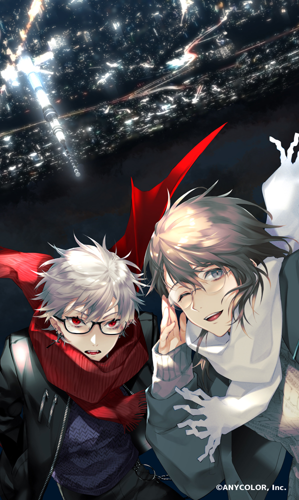 akke (akke299), kanae (nijisanji), kuzuha (nijisanji), nijisanji, 2boys, adjusting eyewear, aran sweater, black-framed eyewear, black jacket, black pants, blue eyes, blue sweater, brown hair, cable knit, cityscape, coat, copyright notice, cross, cross earrings, ear piercing, earrings, falling, fangs, fingernails, floating clothes, glasses, grey coat, grey eyes, grey hair, grey sweater, hair between eyes, jacket, jewelry, long sleeves, looking at viewer, male focus, mole, mole under eye, multiple boys, night, night sky, one eye closed, open clothes, open jacket, open mouth, outdoors, pants, piercing, pointy ears, red eyes, red scarf, scarf, short hair, sky, sleeves past wrists, smile, sweater, teeth, upper body, virtual youtuber, white hair, white scarf, zipper, zipper pull tab