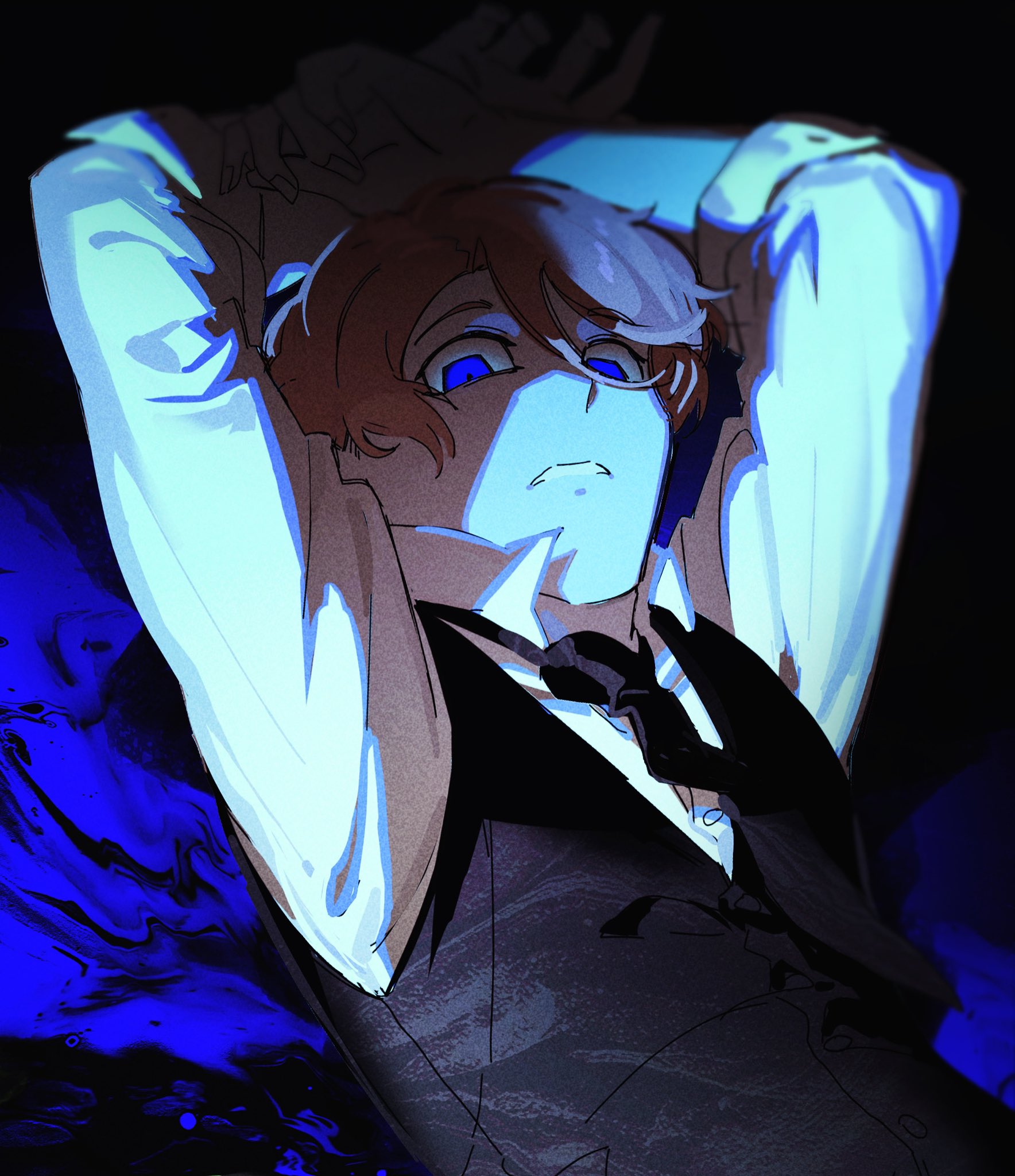 par0llel, original, commentary, english commentary, highres, 1boy, abstract background, arms up, black background, black necktie, black vest, blonde hair, blue background, blue eyes, blurry, buttons, clenched teeth, collared shirt, depth of field, elliot (par0llel), film grain, fingernails, from below, hair between eyes, male focus, necktie, shaded face, shirt, short hair, simple background, swept bangs, teeth, three-quarter sleeves, two-tone background, upper body, very short hair, vest, white shirt