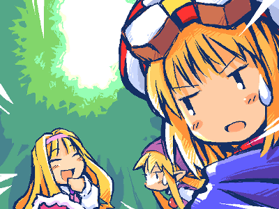 cornet espoir, etoile rosenqueen, kururu (marl kingdom), marl kingdom, nippon ichi, puppet princess (marl kingdom), lowres, blonde hair, hat, laughing, sweatdrop