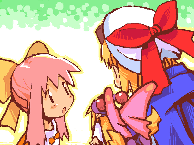 cornet espoir, elly (marl kingdom), kururu (marl kingdom), marl kingdom, nippon ichi, puppet princess (marl kingdom), tenshi no present, lowres, 3girls, :o, age difference, black eyes, blonde hair, blush, bow, butterfly wings, child, dress, eye contact, fairy, flat chest, flipped hair, flying, hair bow, hat, insect wings, long hair, looking at another, mini person, minigirl, multiple girls, oekaki, open mouth, pink hair, pointy ears, profile, shoes, short hair, sidelocks, surprised, twintails, very long hair, wings, yellow bow