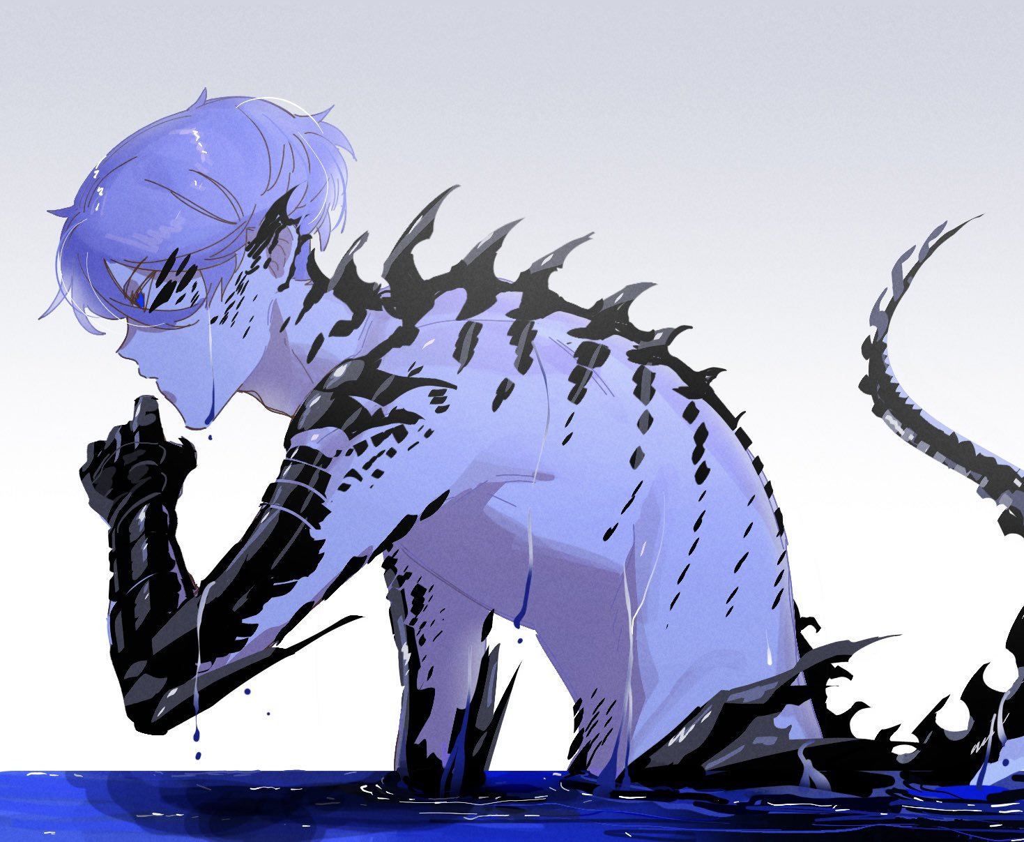 par0llel, original, commentary, english commentary, highres, 1boy, black scales, black tail, blue eyes, elliot (par0llel), film grain, from side, grey background, hair between eyes, hand up, leaning forward, lizard tail, looking ahead, male focus, nude, partially submerged, profile, reptile boy, short hair, simple background, solo, tail, upper body, very short hair, water, wet, white hair