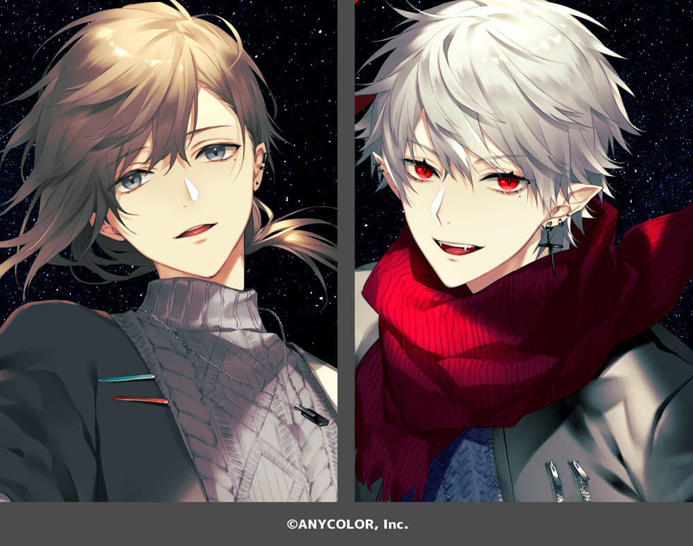 akke (akke299), kanae (nijisanji), kuzuha (nijisanji), nijisanji, 2boys, :d, aran sweater, black jacket, blue eyes, blue sweater, brown hair, cable knit, ear piercing, earrings, fangs, fringe trim, grey eyes, grey hair, grey jacket, grey sweater, hair between eyes, jacket, jewelry, long hair, looking at viewer, low ponytail, male focus, mole, mole under eye, multiple boys, necklace, night, night sky, open clothes, open jacket, open mouth, parted lips, piercing, pointy ears, ponytail, red eyes, red scarf, ribbed sweater, scarf, sky, smile, split screen, star (sky), starry sky, sweater, teeth, turtleneck, turtleneck sweater, upper body, upper teeth only, vampire, virtual youtuber, white hair, zipper, zipper pull tab