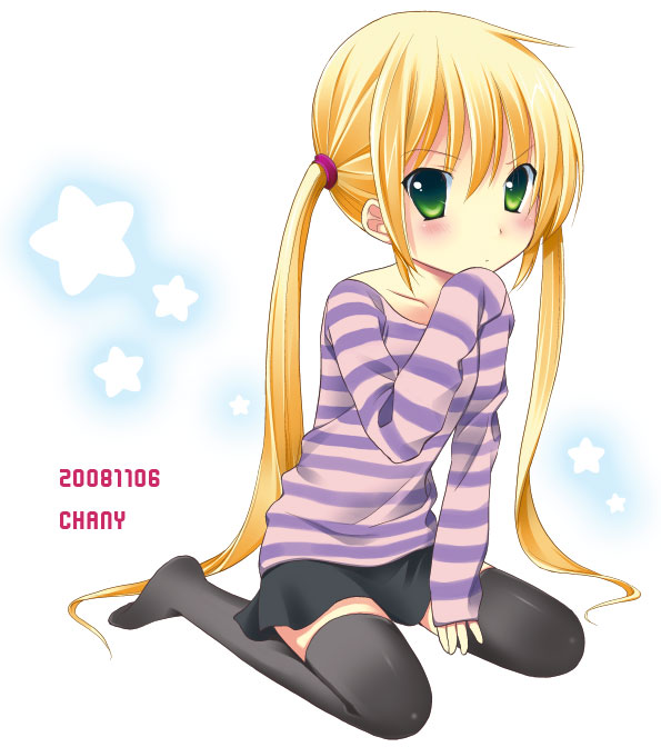 chany, sanzen'in nagi, hayate no gotoku!, 00s, blonde hair, green eyes, shirt, solo, striped clothes, striped shirt, thighhighs, twintails