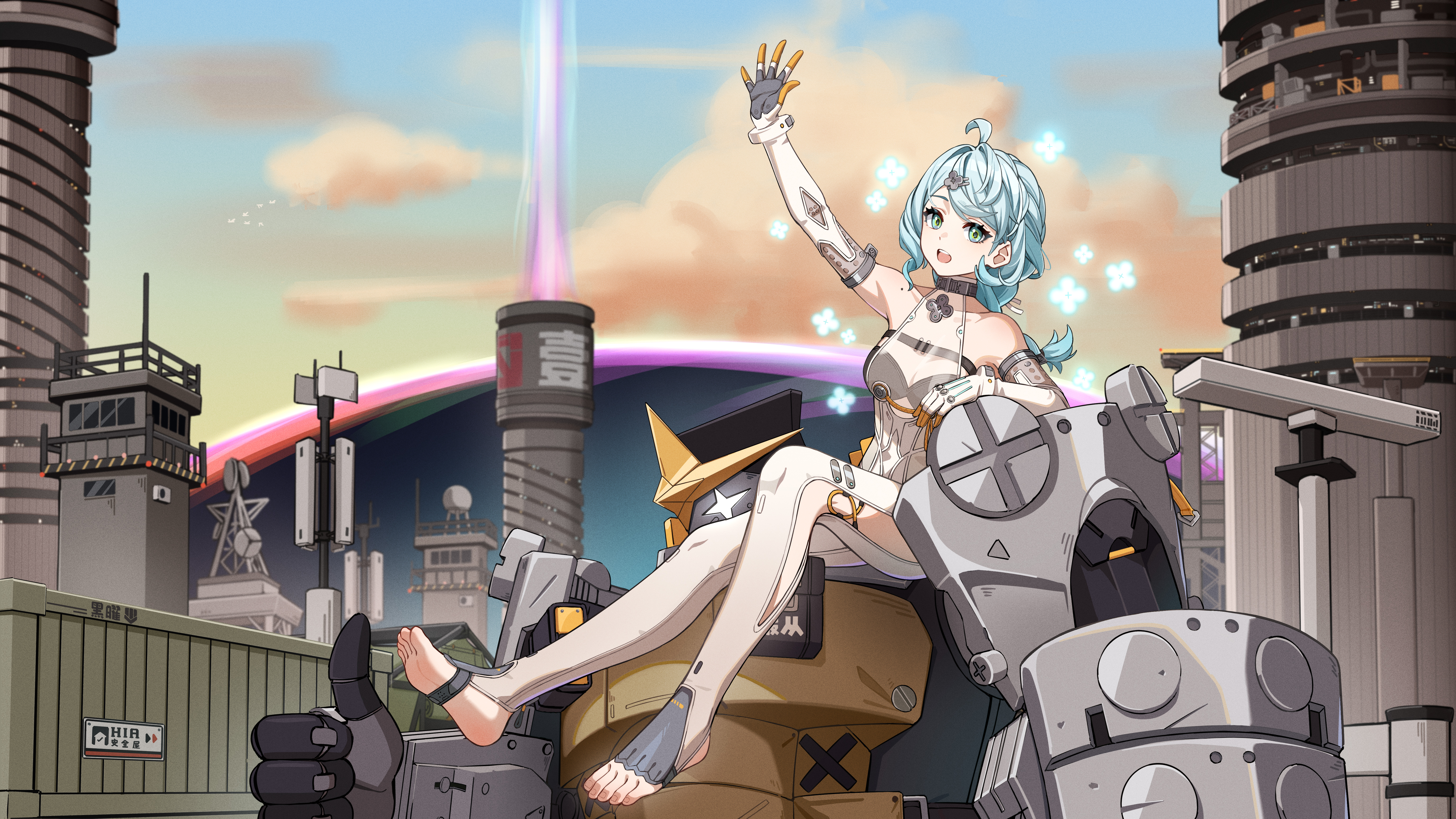 man ge, seed (zenless zone zero), zenless zone zero, absurdres, highres, 1girl, bare shoulders, black choker, blue eyes, blue hair, breasts, choker, cleavage, cloud, cloudy sky, collarbone, elbow gloves, gloves, grey gloves, grey pants, looking at viewer, medium breasts, outdoors, pants, robot, see-through clothes, sitting, sky, solo