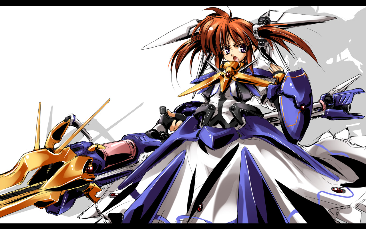 delusion overdose, matsuno canel, raising heart, takamachi nanoha, lyrical nanoha, mahou shoujo lyrical nanoha, mahou shoujo lyrical nanoha the movie 1st, 10s, 1girl, alternate costume, alternate weapon, angry, armor, dress, female focus, fingerless gloves, gloves, huge weapon, letterboxed, magical girl, mecha, mecha musume, open mouth, orange hair, purple eyes, red hair, robot, shadow, shield, short twintails, solo, standing, twintails, weapon