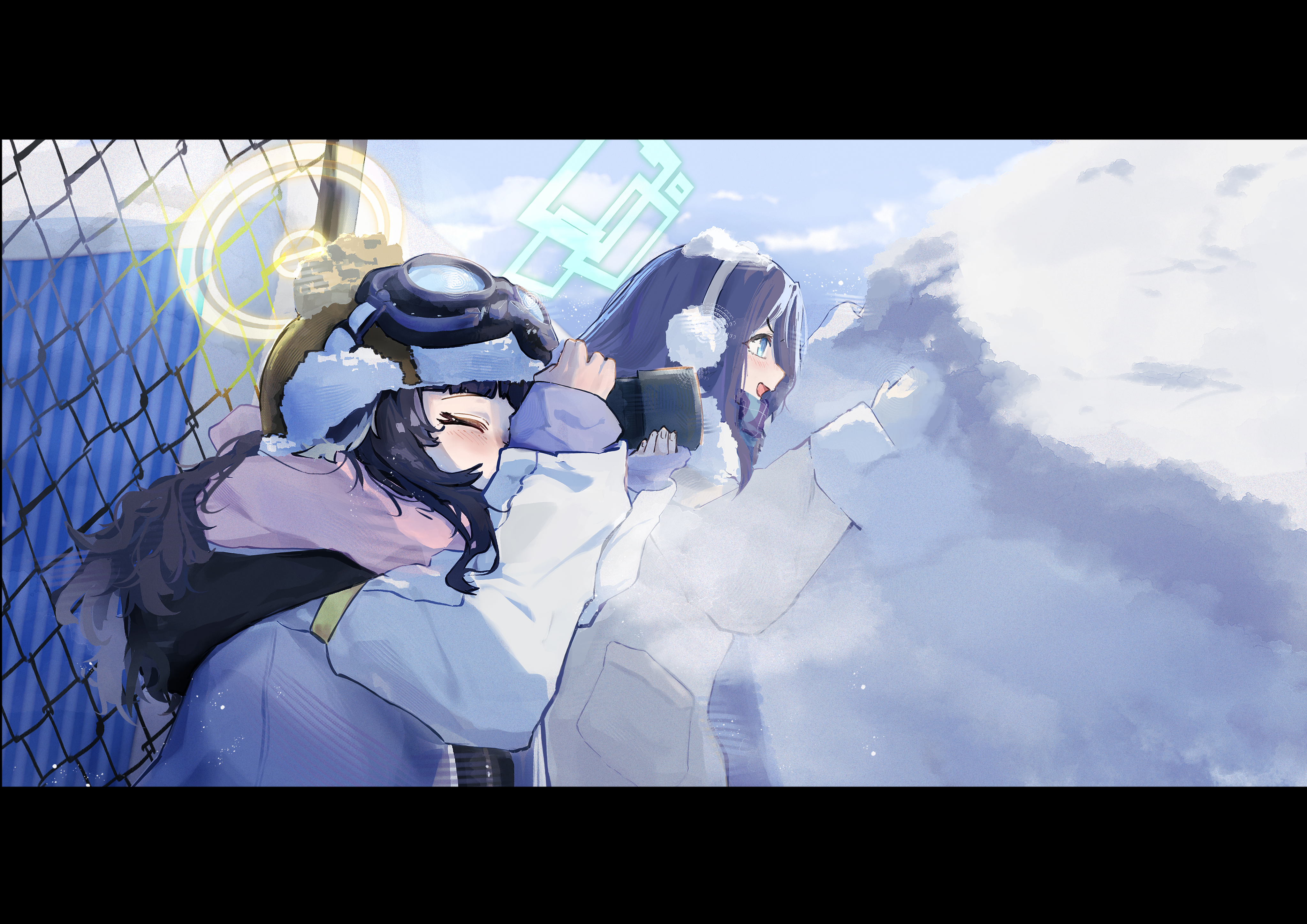 aris (blue archive), aris (winter) (blue archive), hibiki (blue archive), blue archive, absurdres, highres, 2girls, animal ears, aqua halo, black hair, brown hat, camera, coat, day, dog ears, earmuffs, gradient hair, grey hair, hair between eyes, halo, hat, holding, holding camera, long hair, long sleeves, minibeat, multicolored hair, multiple girls, official alternate costume, outdoors, pink scarf, rectangular halo, scarf, snow, very long hair, winter clothes, winter coat, yellow halo