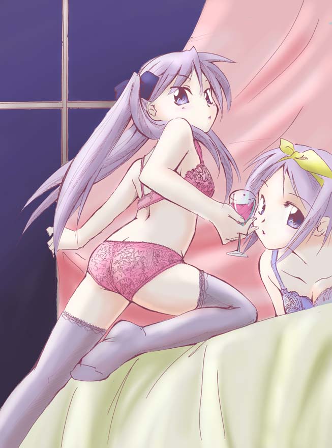 jason (kaiten kussaku kikou), hiiragi kagami, hiiragi tsukasa, lucky star, 00s, 2girls, alcohol, ass, bra, butt crack, cupping glass, lingerie, multiple girls, panties, sisters, thighhighs, twins, underwear, underwear only, wine