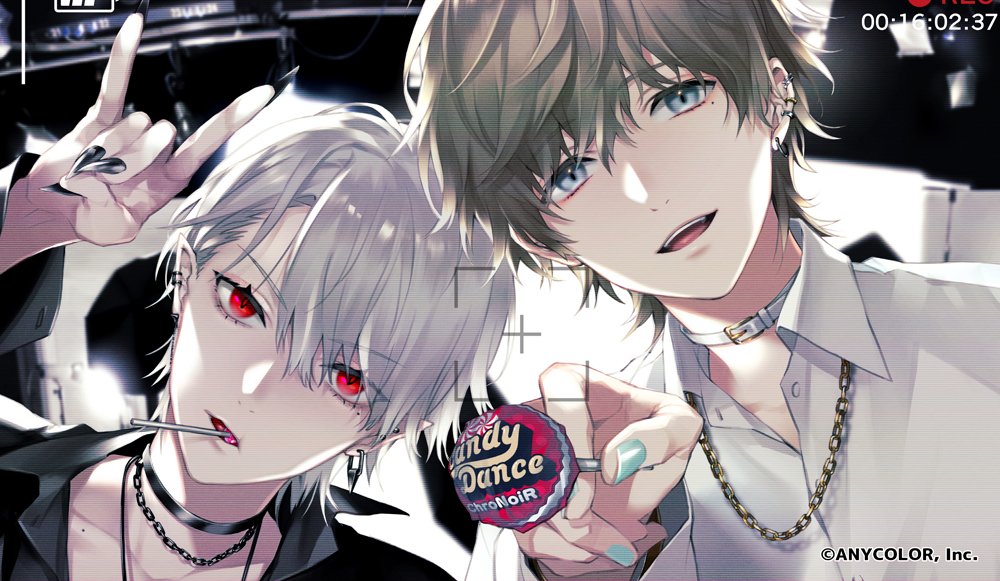 akke (akke299), kanae (nijisanji), kuzuha (nijisanji), nijisanji, 2boys, n/, aqua nails, black choker, black nails, black shirt, blue eyes, brown hair, candy, chain, chain necklace, choker, cigarette, collar, collared shirt, copyright notice, ear piercing, earrings, fingernails, food, grey eyes, grey hair, hair between eyes, hand up, holding, holding candy, holding food, holding lollipop, jewelry, lollipop, lollipop in mouth, long sleeves, looking at viewer, male focus, mole, mole under eye, mouth hold, multiple boys, nail polish, necklace, open mouth, piercing, red eyes, sharp fingernails, shirt, short hair, smile, teeth, upper body, viewfinder, virtual youtuber, white choker, white hair, white shirt