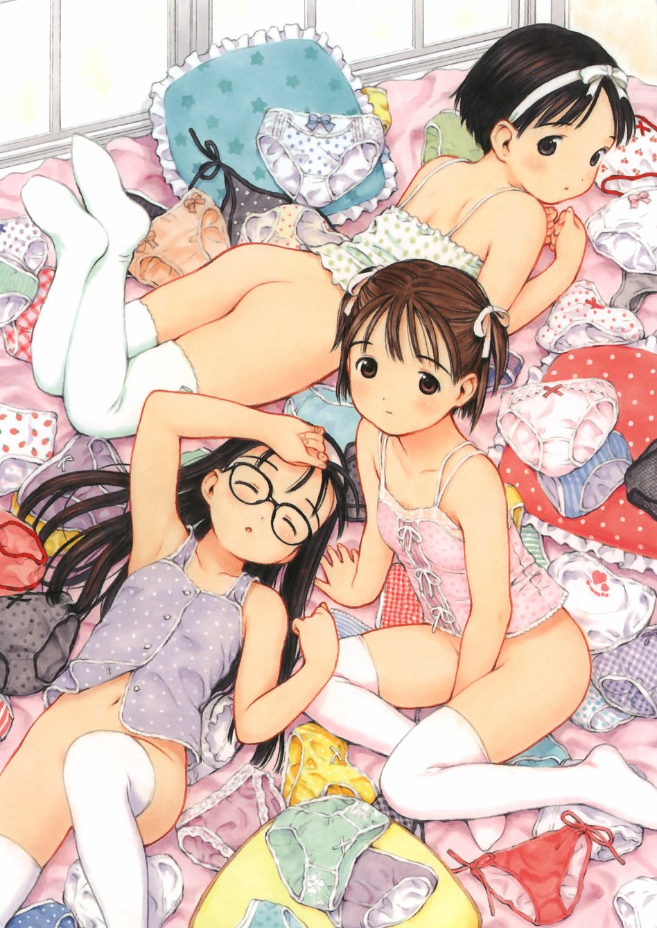 yug (ekaki), original, annotated, highres, 3girls, ass, black panties, blue panties, bottomless, bow, bow panties, brown hair, feet, female focus, food print, frilled panties, frills, fruit print, glasses, green panties, grey panties, hair bow, hair ribbon, hairband, lace, lace-trimmed panties, lace trim, loli, long hair, multiple girls, multiple panties, no panties, no shoes, orange panties, pajamas, panties, pillow, pink panties, plaid clothes, plaid panties, polka dot, polka dot panties, print panties, purple panties, red panties, ribbon, short hair, side-tie panties, star (symbol), strawberry panties, strawberry print, striped clothes, striped panties, thighhighs, twintails, underwear, unworn panties, white panties, white ribbon, white thighhighs, yellow panties