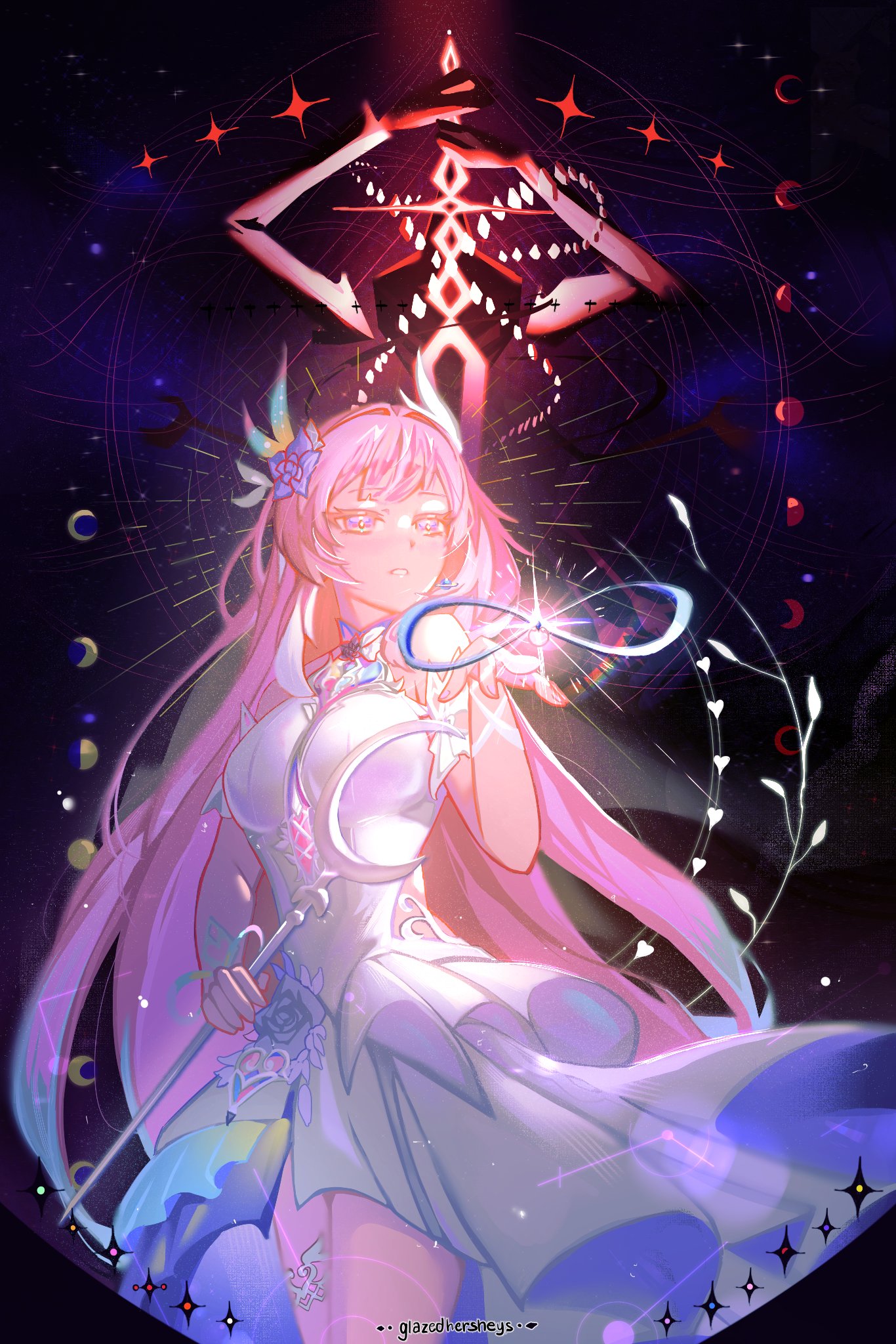 glazedhersheys, cyrene (honkai: star rail), cyrene (ripples of past reverie) (honkai: star rail), irontomb, honkai: star rail, honkai (series), commentary, english commentary, highres, 1girl, amphoreus (honkai: star rail), aqua hair, artist name, crescent moon, dress, flower, hair flower, hair ornament, holding, holding sword, holding weapon, long hair, mobius strip, moon, multicolored hair, pink hair, purple eyes, sky, star (sky), starry sky, sword, thighs, very long hair, weapon, white dress, white hair