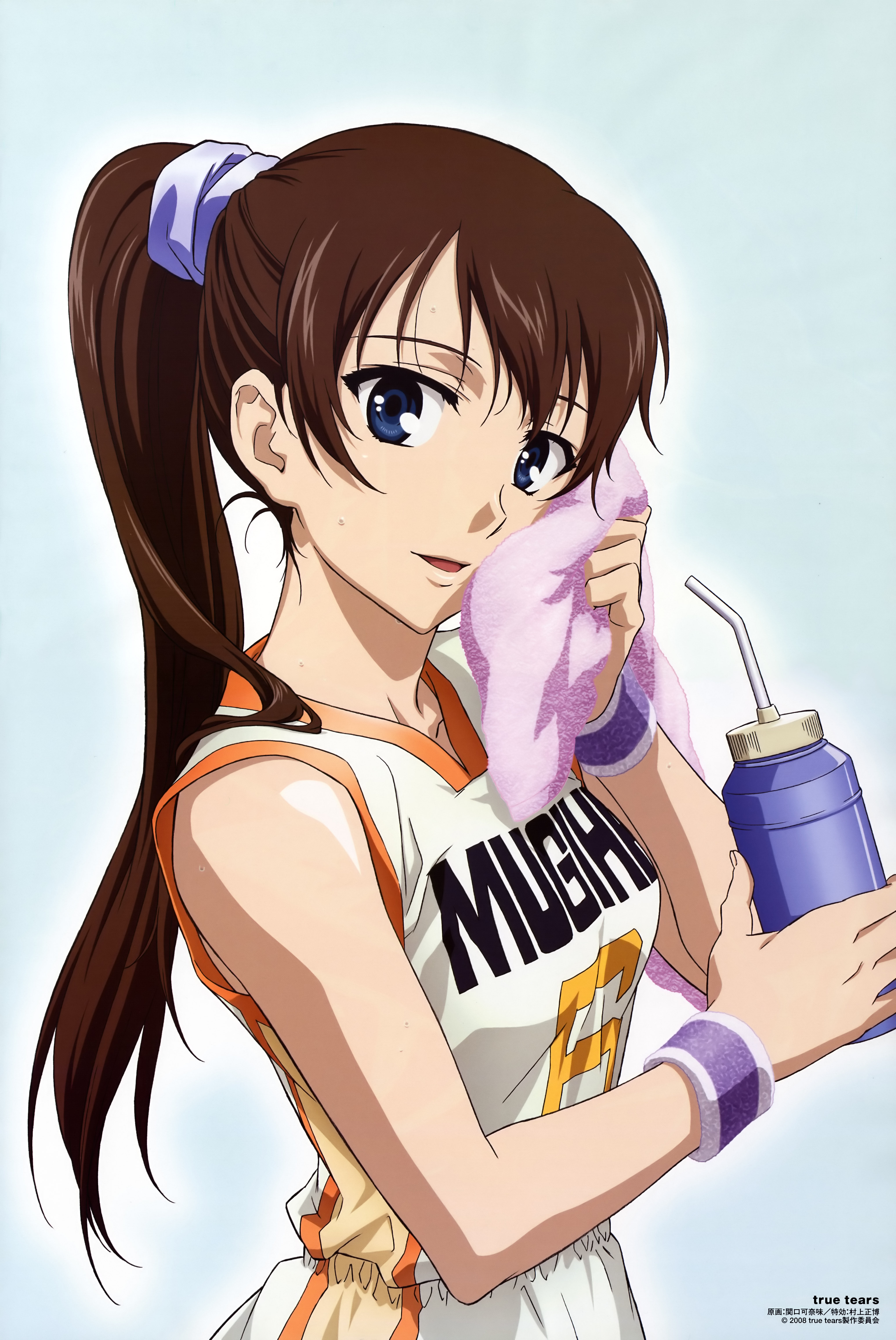 yuasa hiromi, true tears, absurdres, highres, 00s, blue eyes, brown hair, long hair, ponytail, solo, towel