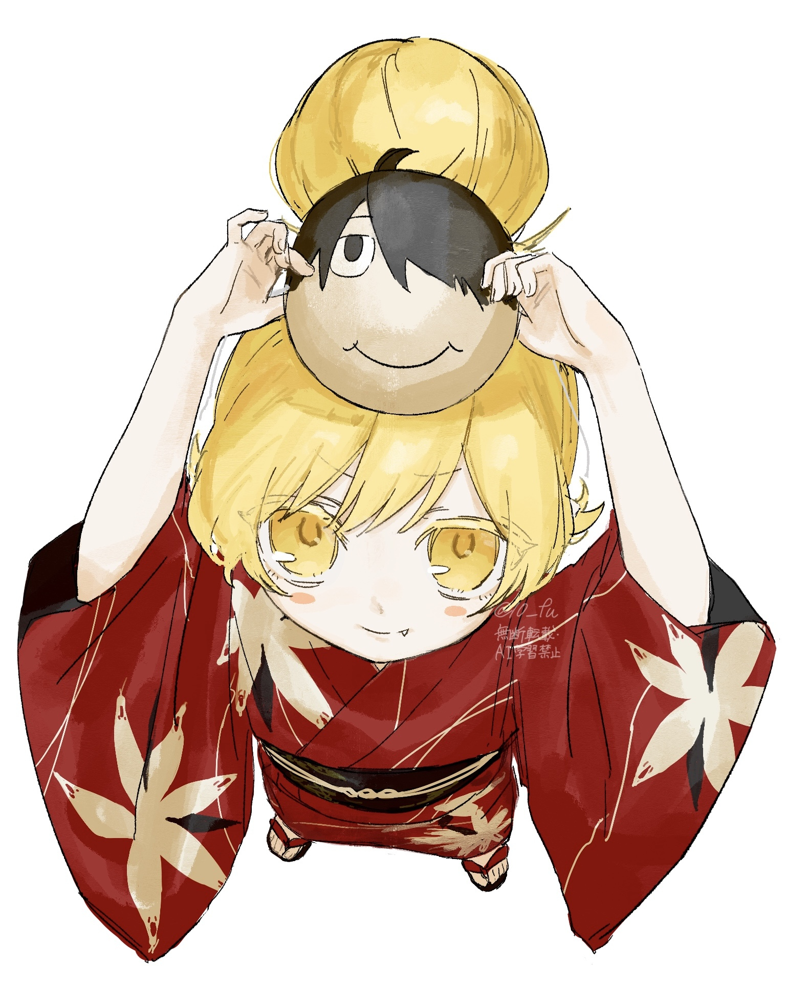 araragi koyomi, oshino shinobu, monogatari (series), highres, 10 fu, 1girl, blonde hair, character mask, fang, flat chest, from above, full body, hair bun, japanese clothes, kimono, looking at viewer, mask, red kimono, smile, solo, yellow eyes