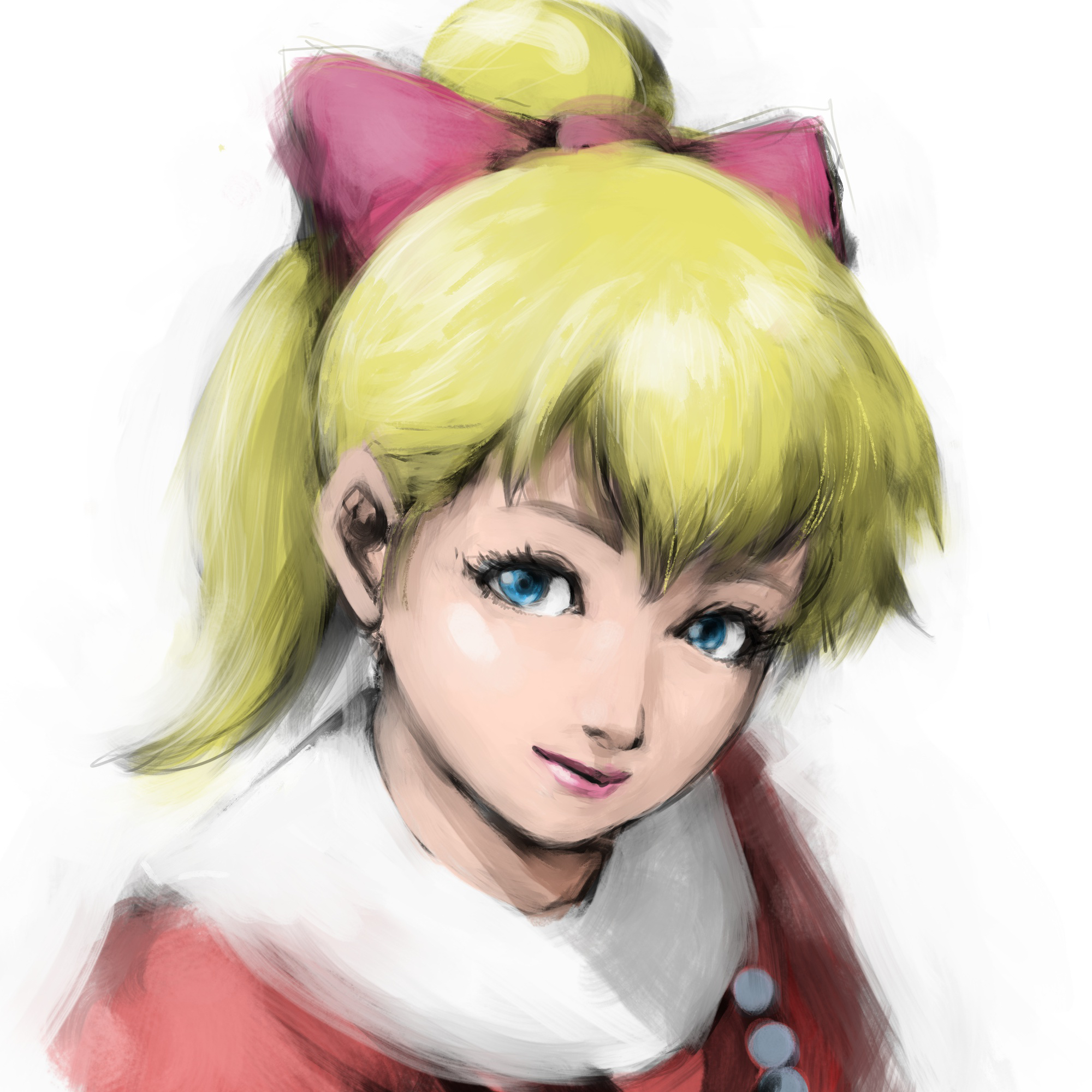 izumi caron, chargeman ken!, commentary, highres, 1girl, blonde hair, blue eyes, bow, closed mouth, dress, eyelashes, hair bow, lips, looking at viewer, medium hair, pink lips, ponytail, red dress, simple background, smile, solo, the9 (artist), upper body, white background