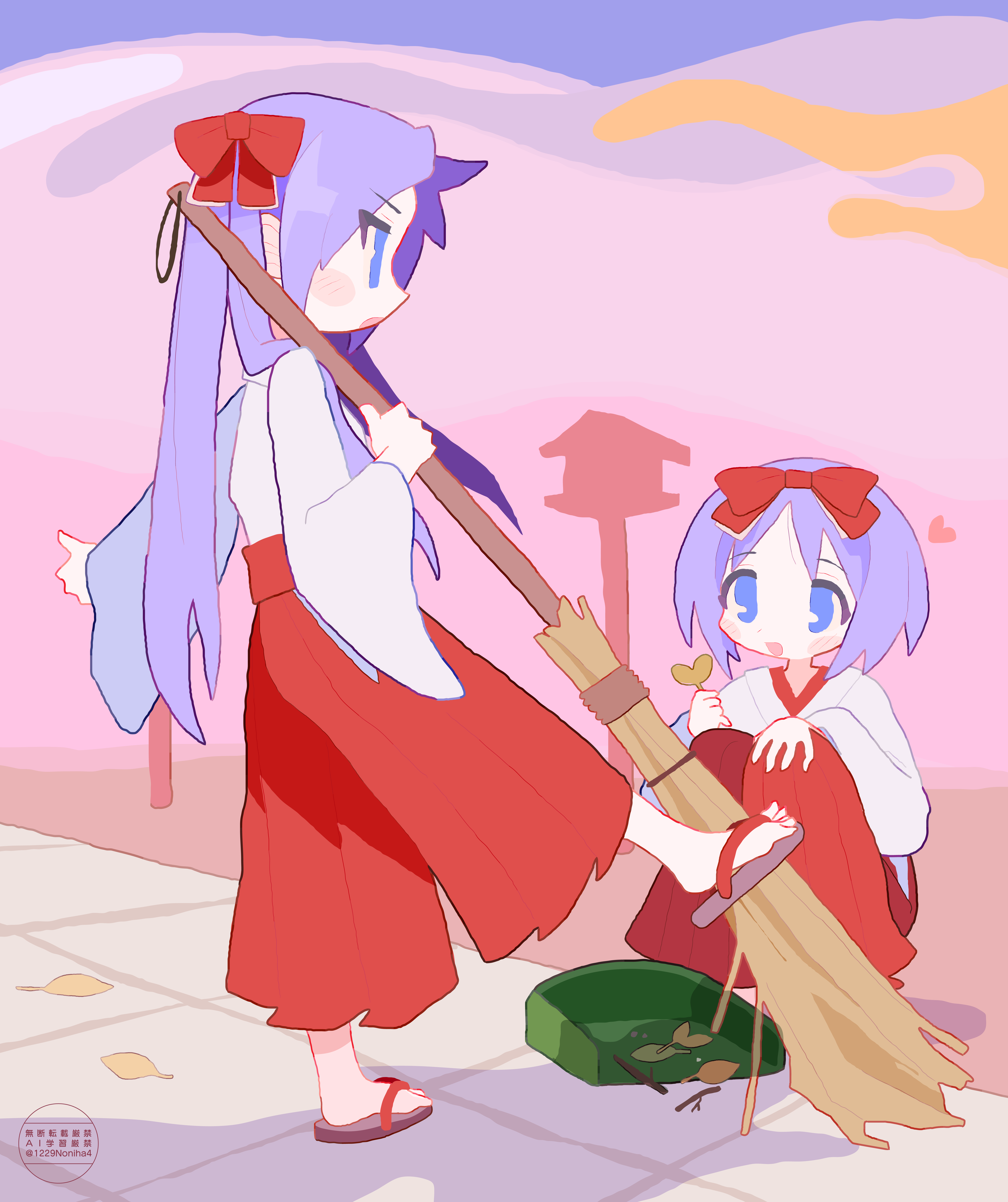 noniha, hiiragi kagami, hiiragi tsukasa, lucky star, absurdres, highres, 2girls, blue eyes, blush, bow, brick floor, broom, dustpan, hair bow, hakama, hand on own knee, heart, holding, holding broom, holding leaf, japanese clothes, lantern, leaf, long hair, miko, multiple girls, pink sky, purple hair, red bow, red hakama, sandals, shadow, short hair, siblings, sisters, sky, squatting, tareme, tsurime, twins, twintails, zouri