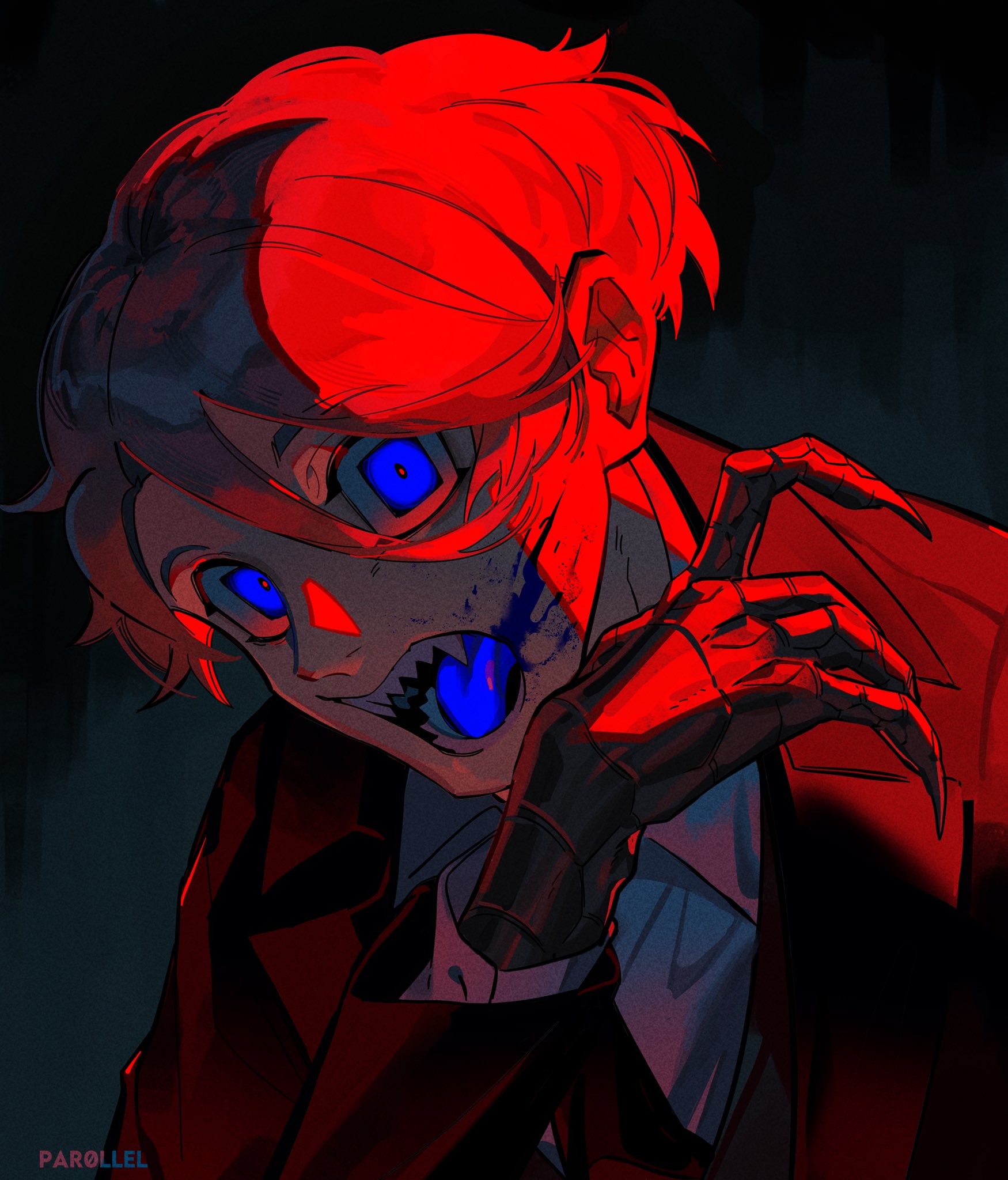par0llel, original, commentary, highres, 1boy, backlighting, black background, black jacket, black mouth, blood, blood from mouth, blue blood, blue eyes, blue tongue, brown hair, claws, collared shirt, colored tongue, double-parted bangs, elliot (par0llel), film grain, from above, glowing, glowing eyes, hair between eyes, hand up, jacket, lapels, layered sleeves, leaning forward, long sleeves, looking at viewer, male focus, open mouth, sharp teeth, shirt, short hair, simple background, solo, swept bangs, teeth, upper body, very short hair, white shirt, wide-eyed