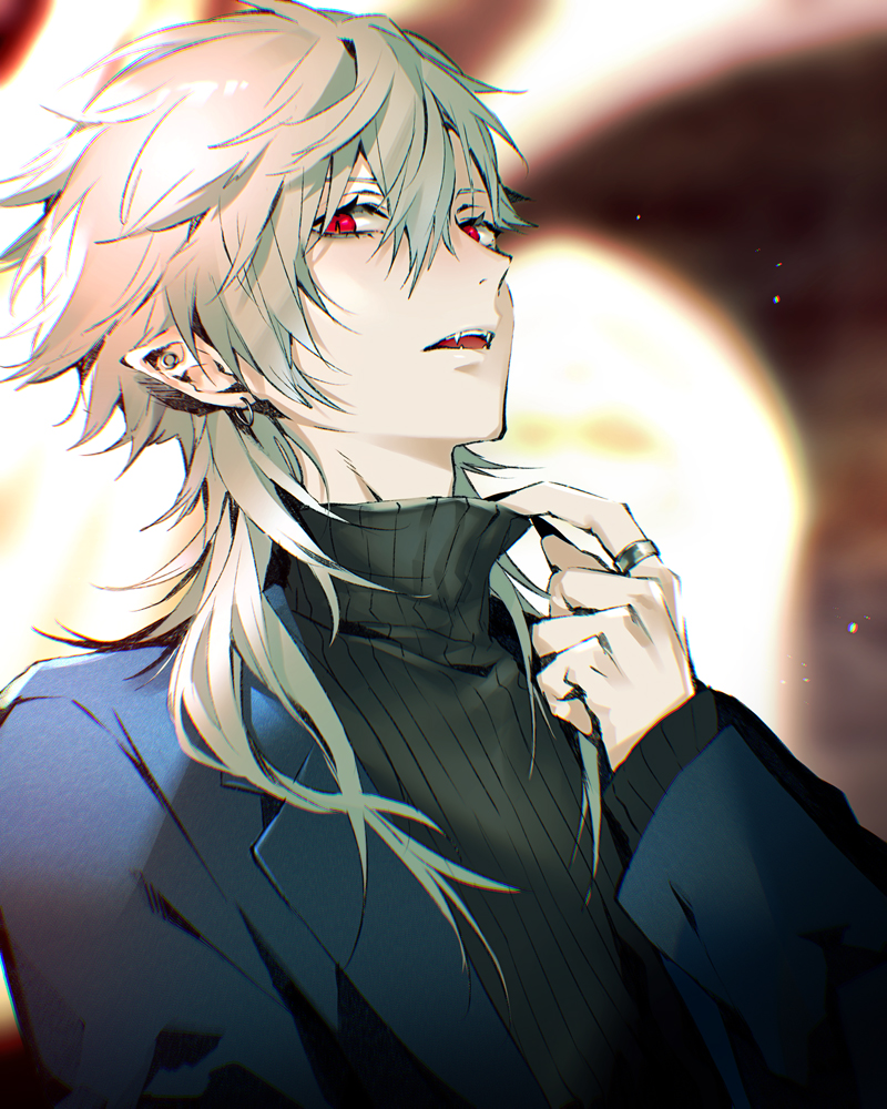 akke (akke299), kuzuha (nijisanji), nijisanji, 1boy, adjusting clothes, black nails, black sweater, blue jacket, blurry, blurry background, chromatic aberration, depth of field, ear piercing, earrings, eyelashes, fangs, fingernails, grey hair, hair between eyes, hand up, jacket, jewelry, long fingernails, long hair, long sleeves, looking at viewer, male focus, nail polish, open clothes, open jacket, open mouth, piercing, pointy ears, red eyes, ribbed sweater, ring, sharp fingernails, sleeves past wrists, solo, sweater, teeth, turtleneck, turtleneck sweater, upper body, upper teeth only, vampire, virtual youtuber, white hair
