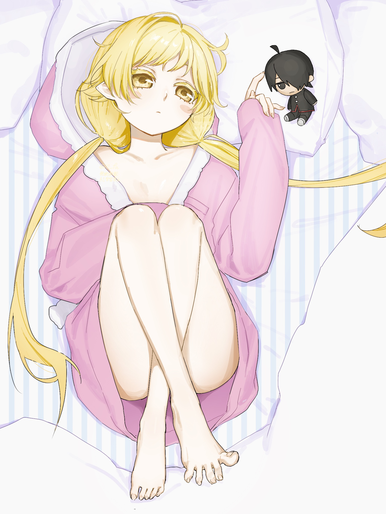 araragi koyomi, oshino shinobu, monogatari (series), highres, 10 fu, 1girl, barefoot, blonde hair, character doll, doll, expressionless, flat chest, full body, hood, hoodie, long hair, low twintails, lying, on back, pajamas, solo, toes, twintails, yellow eyes