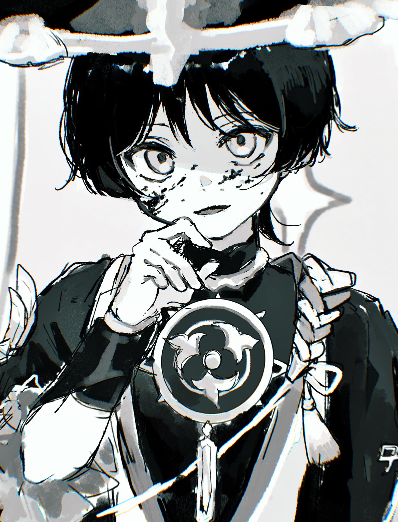 kingyo (nyankomanjyuu15), scaramouche (genshin impact), genshin impact, highres, 1boy, armor, blood, blood on face, blunt ends, greyscale, hand up, hat, japanese armor, japanese clothes, jewelry, jingasa, juban, kimono, kote, looking at viewer, male focus, mandarin collar, mitsudomoe (shape), monochrome, neck ring, open mouth, portrait, rope, shimenawa, short sleeves, single sode, sketch, solo, tomoe (symbol), veil, white background, wispy bangs